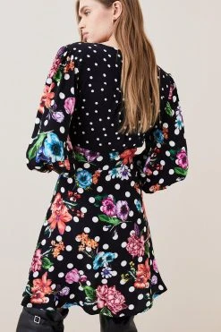 Karen Millen Spots And Floral Plunge Neck Woven Mini Dress -Karen Millen shop spots and floral plunge neck woven mini dress 1