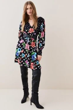 Karen Millen Spots And Floral Plunge Neck Woven Mini Dress -Karen Millen shop spots and floral plunge neck woven mini dress 3