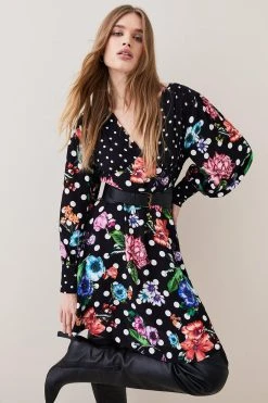 Karen Millen Spots And Floral Plunge Neck Woven Mini Dress -Karen Millen shop spots and floral plunge neck woven mini dress 4