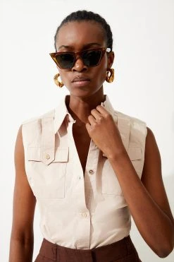 Karen Millen Cotton Sateen Utility Pocket Sleeveless Shirt -Karen Millen shop stone cotton sateen utility pocket sleeveless shirt 1