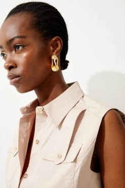 Karen Millen Cotton Sateen Utility Pocket Sleeveless Shirt -Karen Millen shop stone cotton sateen utility pocket sleeveless shirt 2