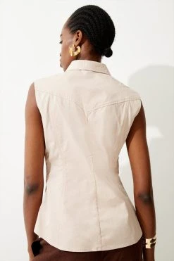 Karen Millen Cotton Sateen Utility Pocket Sleeveless Shirt -Karen Millen shop stone cotton sateen utility pocket sleeveless shirt 3