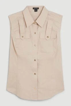 Karen Millen Cotton Sateen Utility Pocket Sleeveless Shirt -Karen Millen shop stone cotton sateen utility pocket sleeveless shirt 4