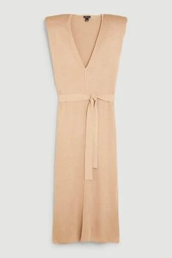Karen Millen Power Shoulder V Neck Slinky Knit Belted Dress -Karen Millen shop stone power shoulder v neck slinky knit belted dress 1
