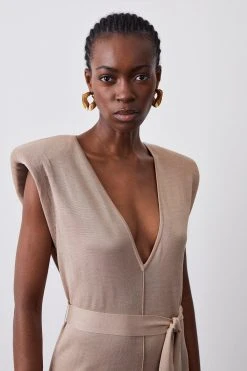 Karen Millen Power Shoulder V Neck Slinky Knit Belted Dress -Karen Millen shop stone power shoulder v neck slinky knit belted dress 2