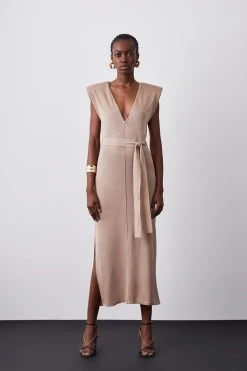 Karen Millen Power Shoulder V Neck Slinky Knit Belted Dress -Karen Millen shop stone power shoulder v neck slinky knit belted dress 3