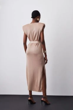 Karen Millen Power Shoulder V Neck Slinky Knit Belted Dress -Karen Millen shop stone power shoulder v neck slinky knit belted dress 4