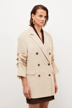 Karen Millen Soft Twill Ruched Sleeve Relaxed Double Breasted Jacket -Karen Millen shop stone soft twill ruched sleeve relaxed double breasted jacket 1 2