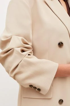 Karen Millen Soft Twill Ruched Sleeve Relaxed Double Breasted Jacket -Karen Millen shop stone soft twill ruched sleeve relaxed double breasted jacket 1 4