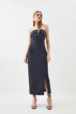 Karen Millen Tailored Denim Bandeau Corset Detail Midaxi Dress -Karen Millen shop tailored denim bandeau corset detail midaxi dress 1