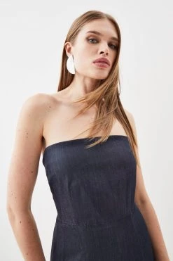 Karen Millen Tailored Denim Bandeau Corset Detail Midaxi Dress -Karen Millen shop tailored denim bandeau corset detail midaxi dress 3