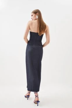Karen Millen Tailored Denim Bandeau Corset Detail Midaxi Dress -Karen Millen shop tailored denim bandeau corset detail midaxi dress 4