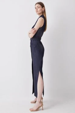 Karen Millen Tailored Denim Belted Trench Midi Dress -Karen Millen shop tailored denim belted trench midi dress 1