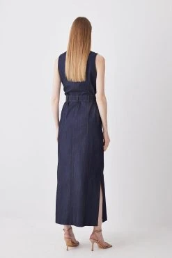 Karen Millen Tailored Denim Belted Trench Midi Dress -Karen Millen shop tailored denim belted trench midi dress 2