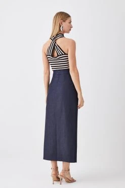 Karen Millen Tailored Denim Corset Detail Midi Skirt 11 Karen Millen Tailored Denim Corset Detail Midi Skirt -Karen Millen shop tailored denim corset detail midi skirt 4