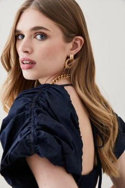 Karen Millen Tailored Denim Puff Sleeve Pencil Midi Dress