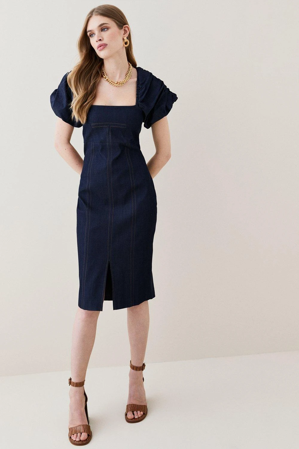 Karen Millen Tailored Denim Puff Sleeve Pencil Midi Dress 6 Karen Millen Tailored Denim Puff Sleeve Pencil Midi Dress - Image 4