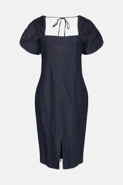 Karen Millen Tailored Denim Puff Sleeve Pencil Midi Dress 11 Karen Millen Tailored Denim Puff Sleeve Pencil Midi Dress -Karen Millen shop tailored denim puff sleeve pencil midi dress 1 4