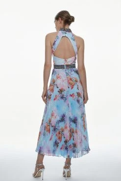 Karen Millen Tall Diamante Trim Floral Pleat Skirt Midi Dress -Karen Millen shop tall diamante trim floral pleat skirt midi dress 1