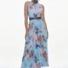 Karen Millen Tall Diamante Trim Floral Pleat Skirt Midi Dress