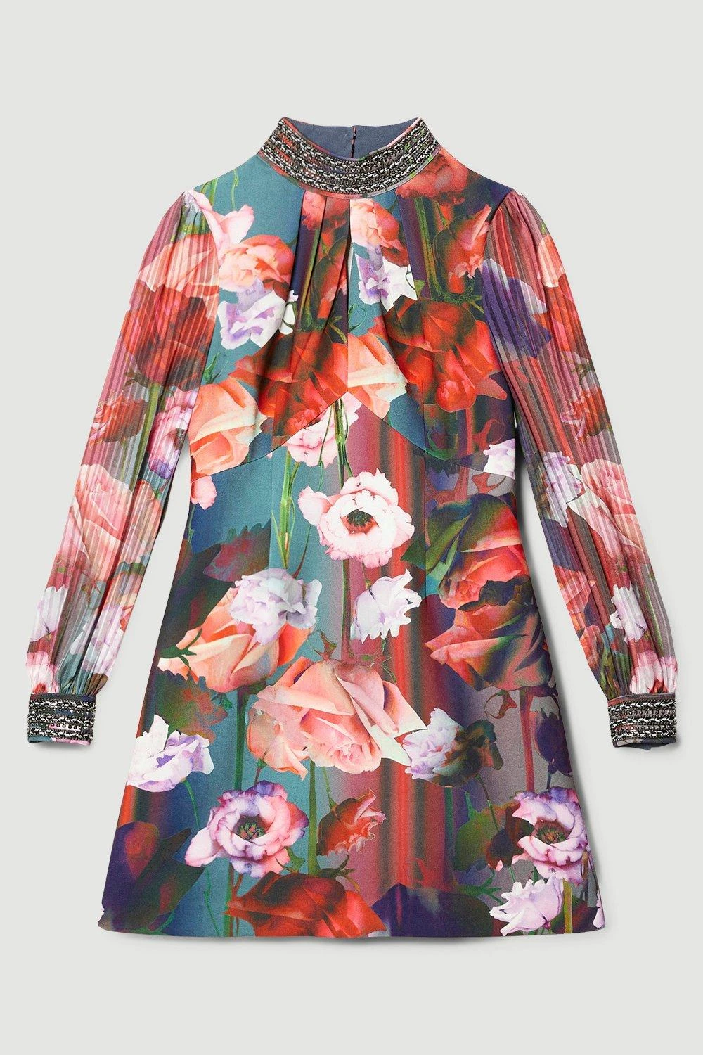 Karen Millen Tall Diamante Trim Floral Woven Mini Dress 5 Karen Millen Tall Diamante Trim Floral Woven Mini Dress - Image 3