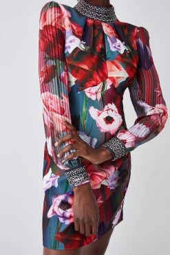 Karen Millen Tall Diamante Trim Floral Woven Mini Dress