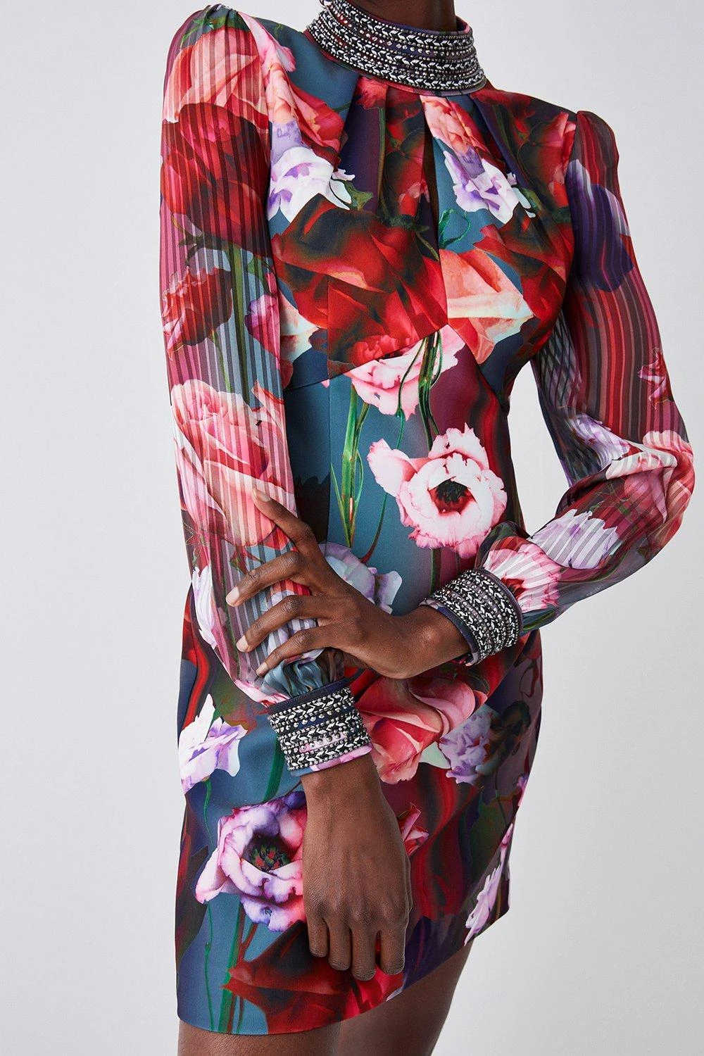 Karen Millen Tall Diamante Trim Floral Woven Mini Dress 3 Karen Millen Tall Diamante Trim Floral Woven Mini Dress