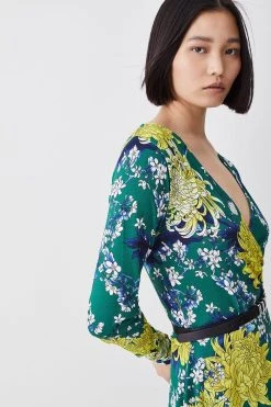 Karen Millen Tall Floral Belted Viscose Blend Jersey Skater Dress