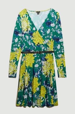 Karen Millen Tall Floral Belted Viscose Blend Jersey Skater Dress -Karen Millen shop tall floral belted viscose blend jersey skater dress 1 2