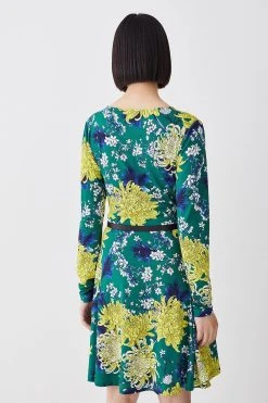 Karen Millen Tall Floral Belted Viscose Blend Jersey Skater Dress -Karen Millen shop tall floral belted viscose blend jersey skater dress 1 3