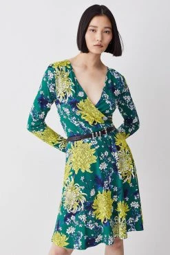 Karen Millen Tall Floral Belted Viscose Blend Jersey Skater Dress -Karen Millen shop tall floral belted viscose blend jersey skater dress 1 4