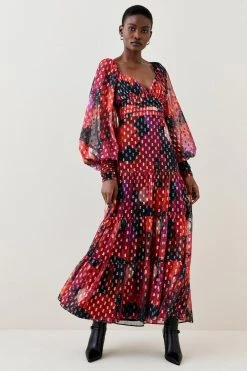 Karen Millen Tall Floral Metallic Beaded Cuff Woven Dress