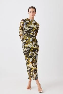 Karen Millen Tall Floral Print Mesh Jersey Midaxi Dress