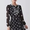 Karen Millen Tall Mono Mixed Dot Piped Ruffle Belted Mini Dress -Karen Millen shop tall mono mixed dot piped ruffle belted mini dress