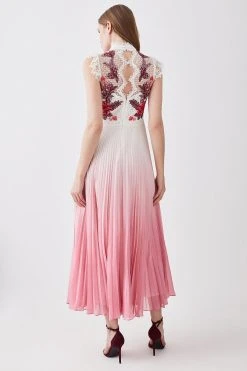 Karen Millen Tall Rose Guipure Lace Woven Pleat Skirt Midi Dress