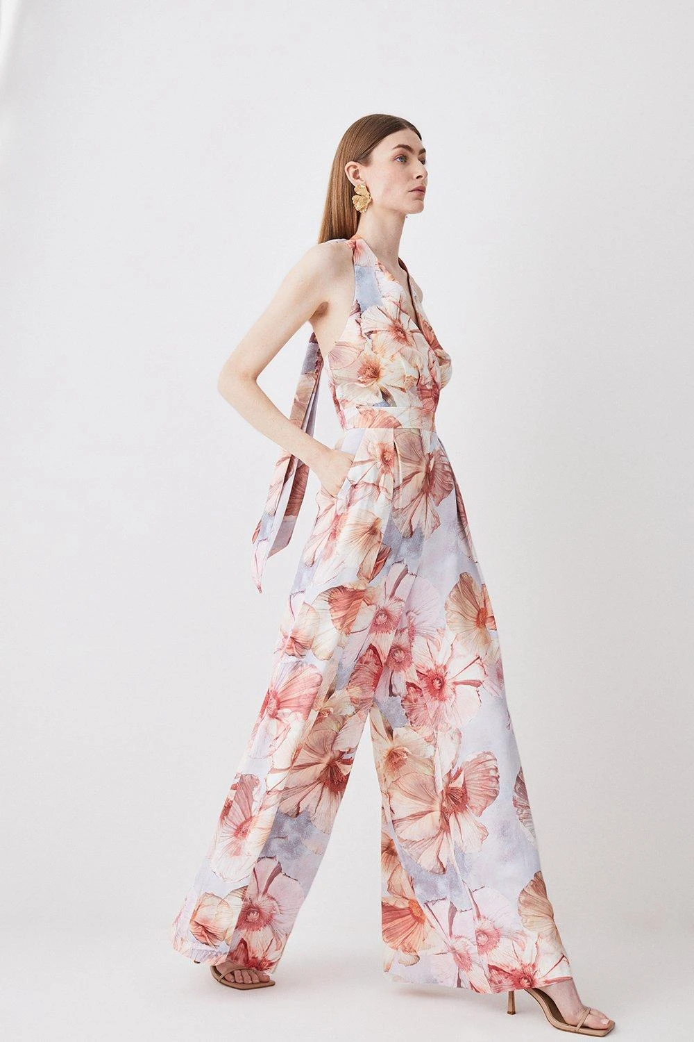 Karen Millen Tall Satin Crepe Etched Floral Woven Wide Leg Jumpsuit 5 Karen Millen Tall Satin Crepe Etched Floral Woven Wide Leg Jumpsuit - Image 3