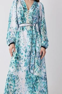 Karen Millen Tall Soft Snake Print Satin Piped Zip Front Midi Dress