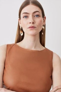 Karen Millen Leather Ruched Detail Midi Dress -Karen Millen shop tan leather ruched detail midi dress 1 2