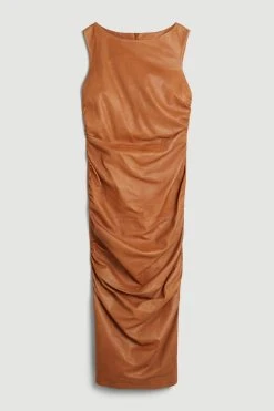 Karen Millen Leather Ruched Detail Midi Dress -Karen Millen shop tan leather ruched detail midi dress 1 3