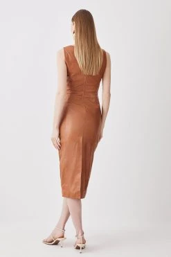 Karen Millen Leather Ruched Detail Midi Dress -Karen Millen shop tan leather ruched detail midi dress 1 4