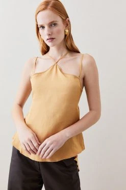 Karen Millen Petite Linen Twill Cut Out Drama Woven Cami -Karen Millen shop tan petite linen twill cut out drama woven cami 4