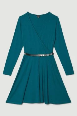 Karen Millen Belted Viscose Blend Long Sleeve Jersey Mini Dress