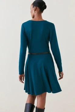 Karen Millen Belted Viscose Blend Long Sleeve Jersey Mini Dress -Karen Millen shop teal belted viscose blend long sleeve jersey mini dress 3