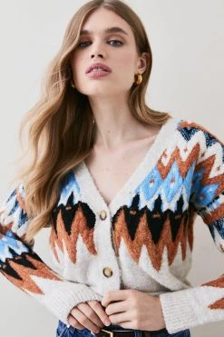 Karen Millen Boucle Fairisle Knit V Neck Cardigan