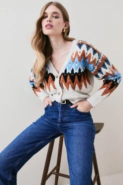 Karen Millen Boucle Fairisle Knit V Neck Cardigan -Karen Millen shop teal boucle fairisle knit v neck cardigan 1 2