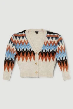 Karen Millen Boucle Fairisle Knit V Neck Cardigan -Karen Millen shop teal boucle fairisle knit v neck cardigan 1 3