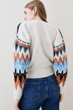 Karen Millen Boucle Fairisle Knit V Neck Cardigan -Karen Millen shop teal boucle fairisle knit v neck cardigan 1 4