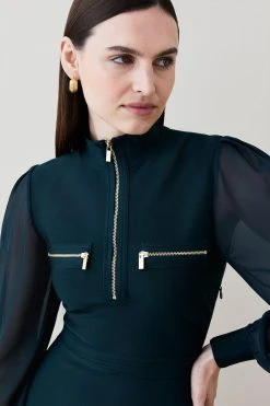 Karen Millen Chiffon Sleeve Bandage Zip Neck Flippy Mini Dress -Karen Millen shop teal chiffon sleeve bandage zip neck flippy mini dress 1 2