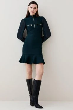 Karen Millen Chiffon Sleeve Bandage Zip Neck Flippy Mini Dress -Karen Millen shop teal chiffon sleeve bandage zip neck flippy mini dress 1 3