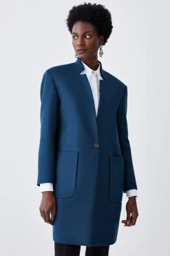 Karen Millen Italian Virgin Wool Notch Pop On Coat -Karen Millen shop teal italian virgin wool notch pop on coat 1 2